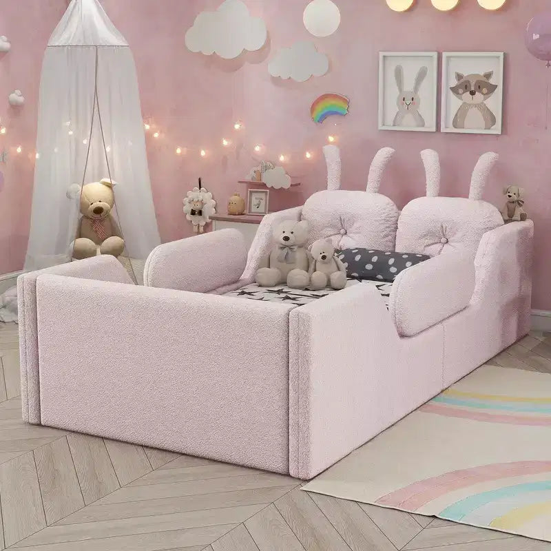Łóżko platformowe Whisen Twin, tapicerowana rama łóżka dziecięcego typu floor bed z poduszką w kształcie króliczka, ze zdejmowanymi barierkami bocznymi