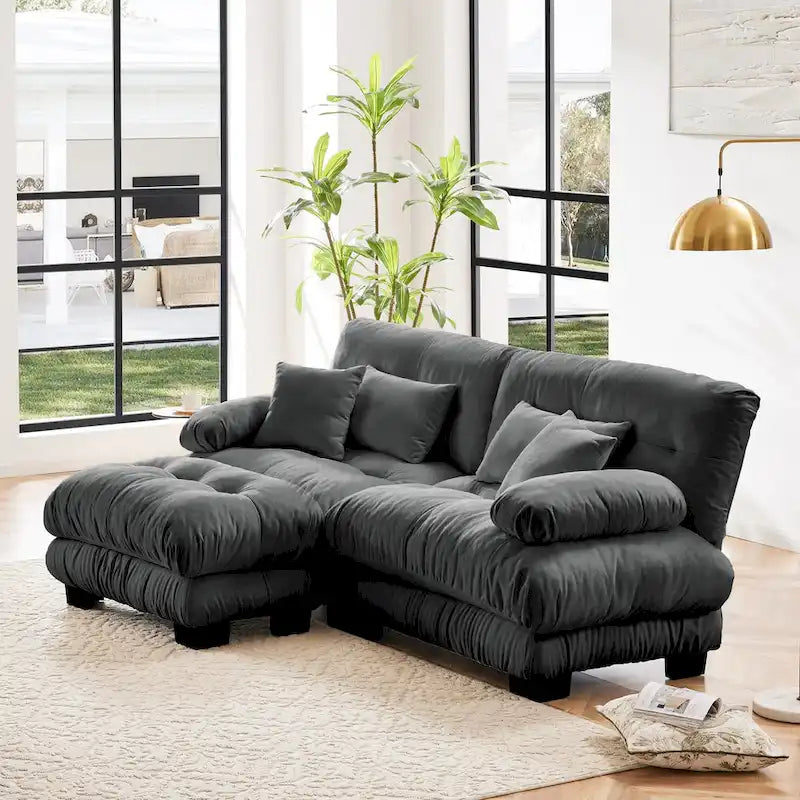 Narożna sofa dwuosobowa typu szezlong, szezlong szezlongowy z szenili z poduszkami lędźwiowymi