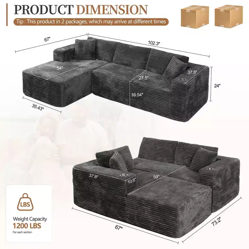 Modułowa sofa narożna Celebalcony 103 bez stelaża, narożnik w kształcie litery L z 2 uchwytami na kubki, miękka welurowa sofa niczym chmura do salonu, bez montażu