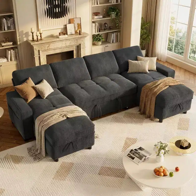 104 U-kształtna rozkładana sofa z funkcją spania i pojemnikiem na pościel