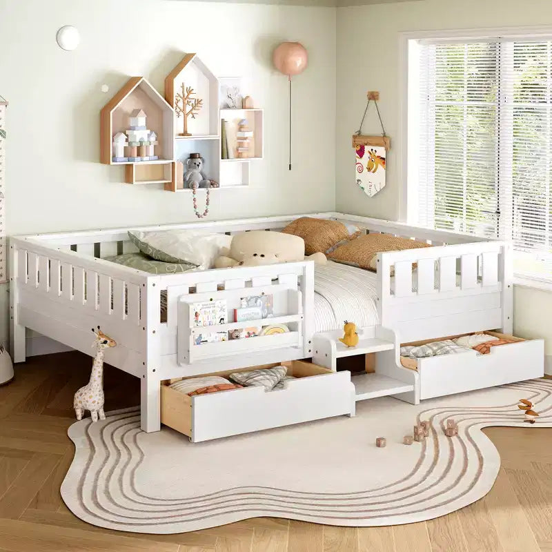 Łóżko dziecięce Bellemave Queen Size z 14 barierkami ochronnymi, oszczędzające miejsce stelaż z wbudowanymi półkami na książki i 2 szufladami do przechowywania pod łóżkiem