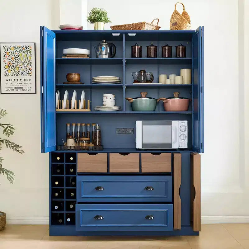 Whisen 71 Wysoka wolnostojąca kuchnia szafka spiżarnia duża jadalniana szafka do przechowywania z 4 składanymi drzwiczkami, półkami, stojakami na wino
