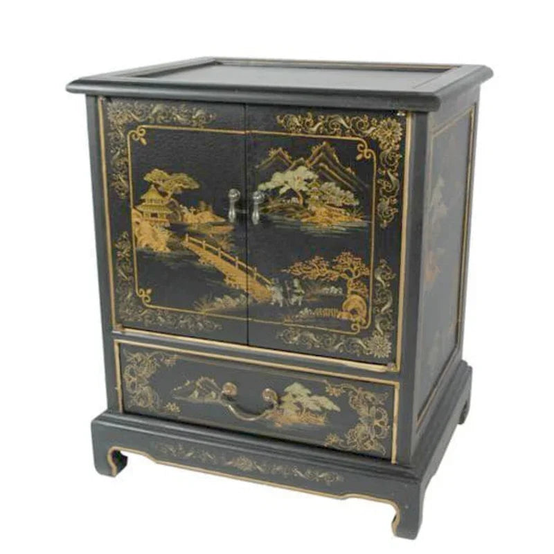 Ręcznie wykonany lakierowany stolik końcowy w stylu vintage z chińskim pejzażem - 20.00S x 16.00G x 24.50W