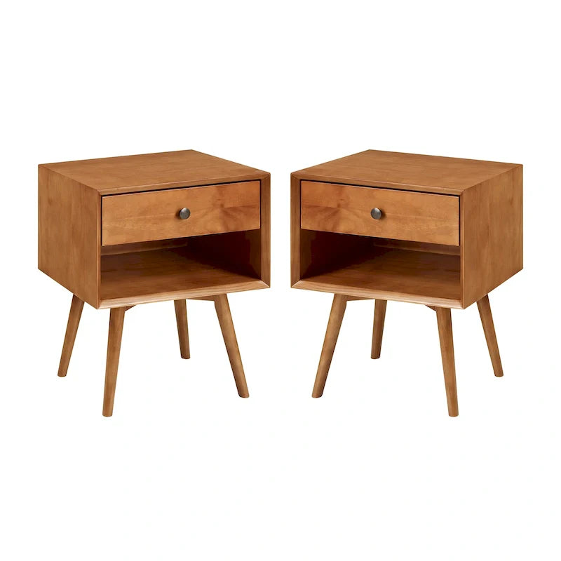 Zestaw 2 stolików nocnych z litego drewna w stylu mid-century, z 1 szufladą, sypialniane stoliki boczne