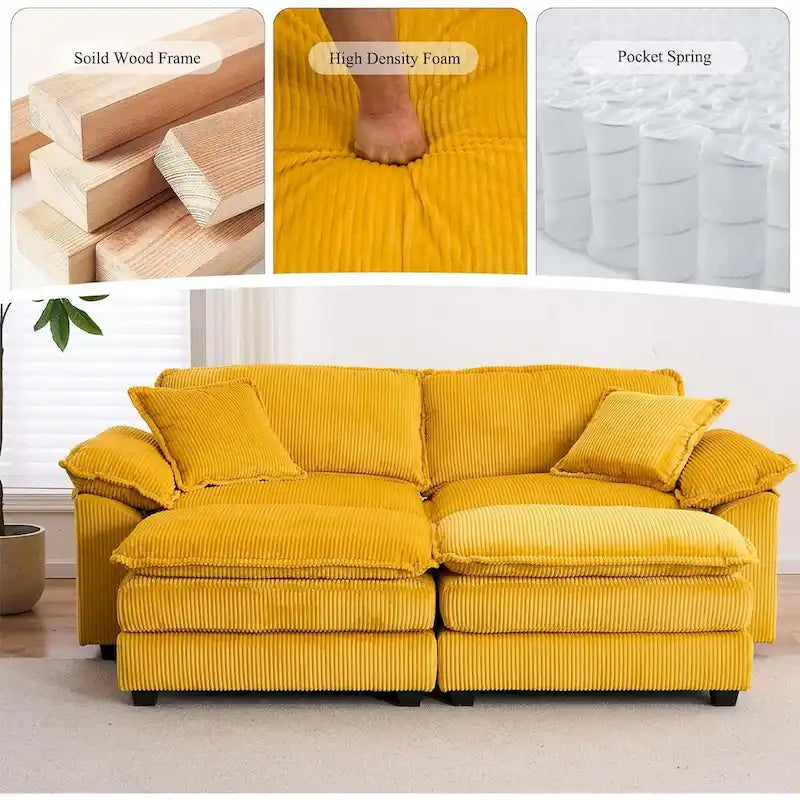 Nowoczesna 2-osobowa sofa sztruksowa z 4 poduszkami i 2 pufami