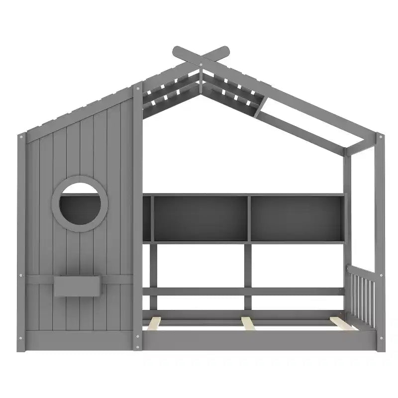 Łóżko dziecięce typu domek w rozmiarze Twin/Full, podłogowe łóżko Montessori z półką na przechowywanie - ModernLuxe