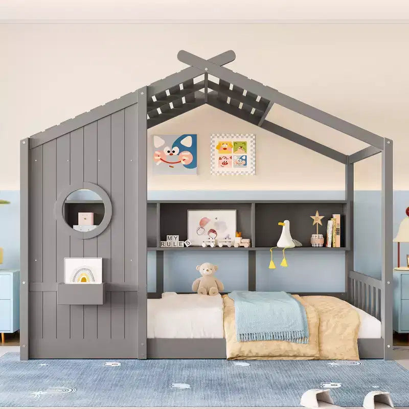 Łóżko dziecięce typu domek w rozmiarze Twin/Full, podłogowe łóżko Montessori z półką na przechowywanie - ModernLuxe
