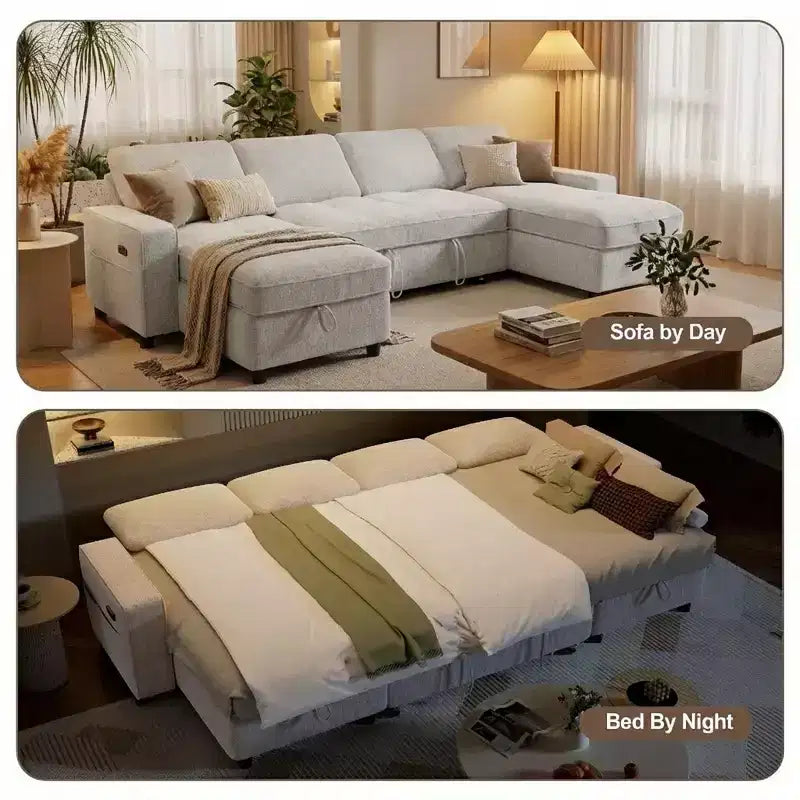 104 U-kształtna rozkładana sofa z funkcją spania i pojemnikiem na pościel