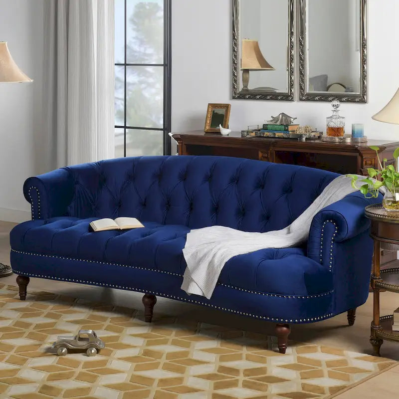 Sofa Chesterfield La Rosa 84 w stylu Mid-Century Modern, tapicerowana aksamitem i przeszywana głęboko