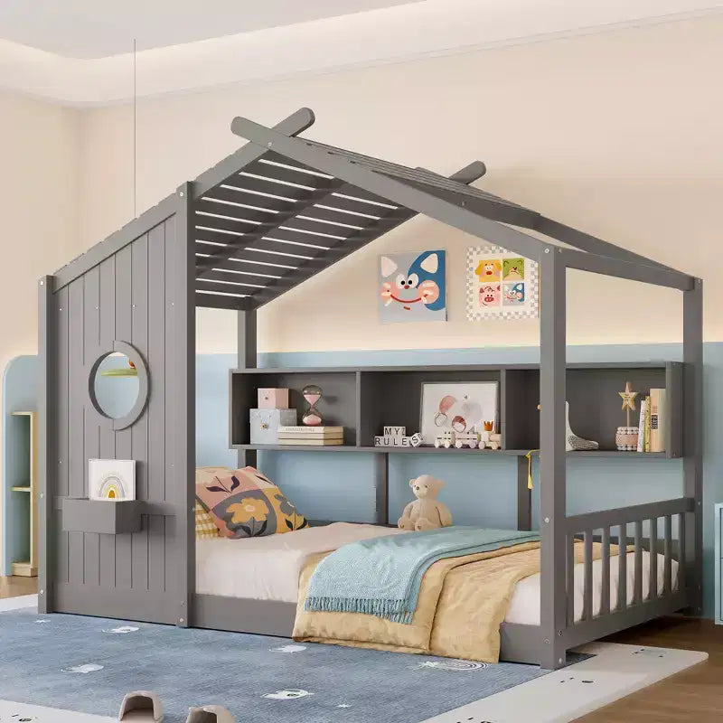 Łóżko dziecięce typu domek w rozmiarze Twin/Full, podłogowe łóżko Montessori z półką na przechowywanie - ModernLuxe