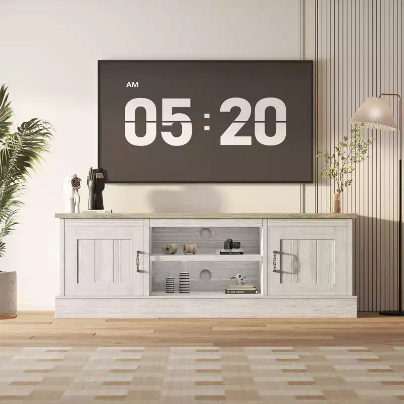 Nowoczesna szafka RTV pod telewizory 65 cali, rustykalna drewniana meblościanka z przestrzennymi szafkami, konsola multimedialna do salonu i biura