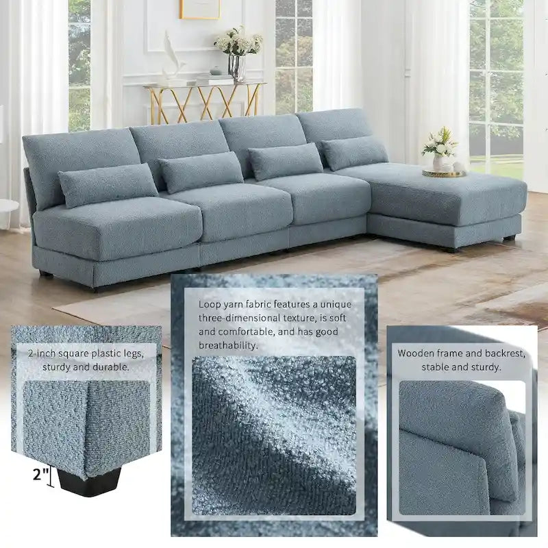 Duża narożna sofa z głębokim siedziskiem i odwracalną narożną sekcją, rozkładana sofa w kształcie litery L, niebieska