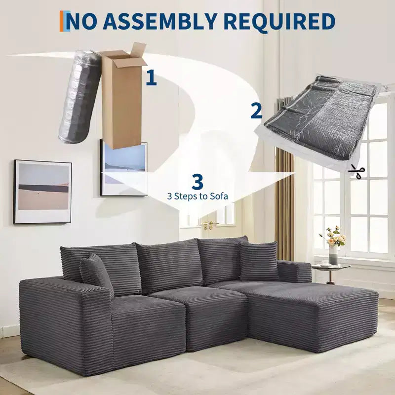 108 Nowoczesna sofa, 3-osobowa sofa tapicerowana w kształcie litery L z poduszkami, sofa z głębokim siedziskiem, bez konieczności montażu