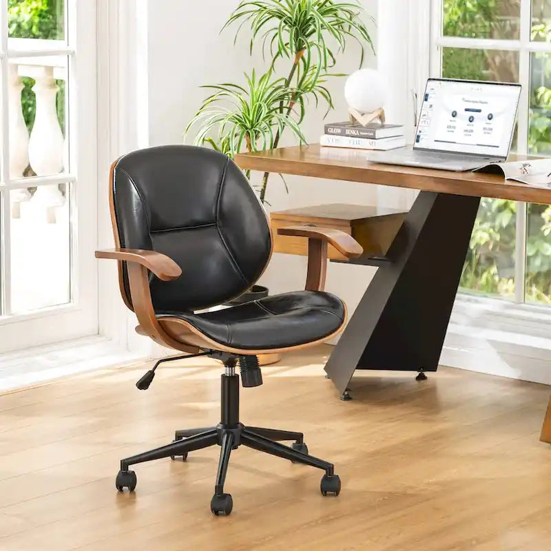 Glitzhome Skórzane Krzesło Biurowe Regulowane Obrotowe z Podłokietnikami Ergonomiczny Design