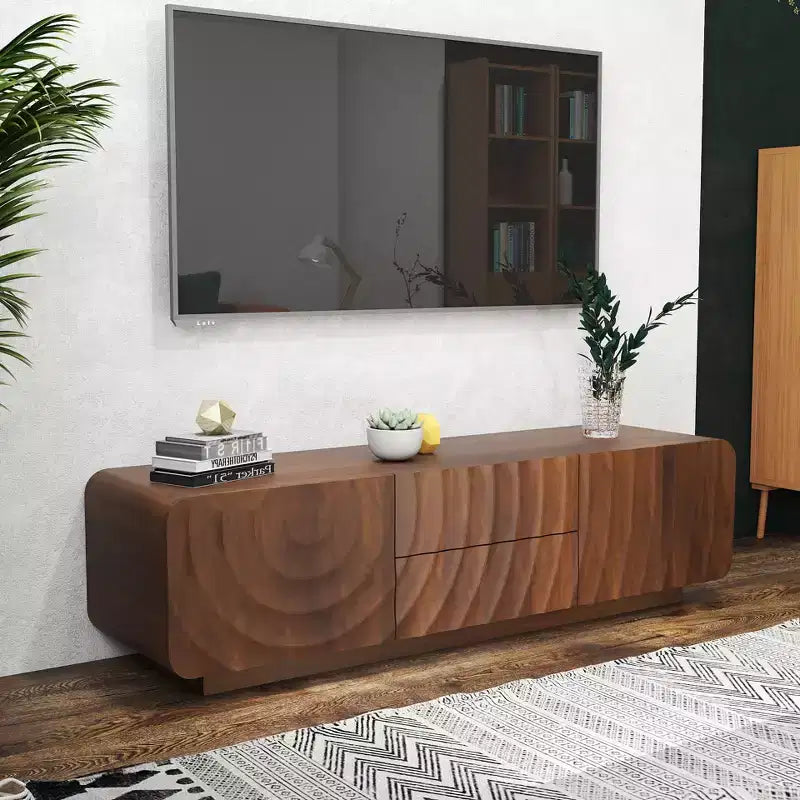 JVNOXK 58-calowa szafka RTV, spiralno-falisty design w stylu mid-century, z szafką z półką i dwiema szufladami, odpowiednia do salonu lub sypialni, kolor orzechowy