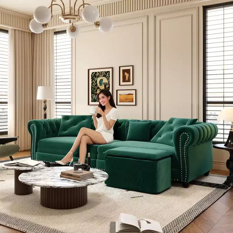 Rozkładana sofa 3 w 1 Whisen Velvet typu king-size z ruchomym podnóżkiem i pikowanym wzorem
