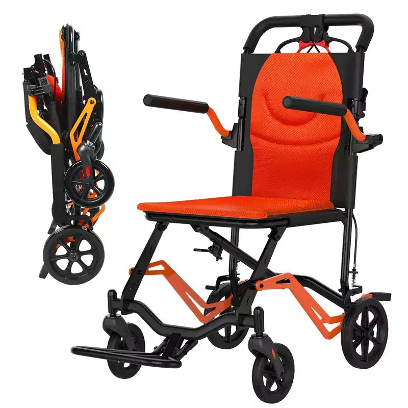 Ultralekki składany wózek transportowy, udźwig 100 kg, aluminiowa rama 8 kg, siedzisko 41 cm, zdejmowane podłokietniki i podnóżki, hamulec ręczny z blokadą