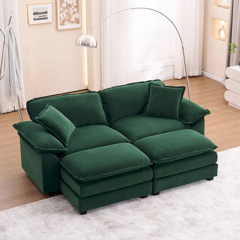 Sofa 2-osobowa z 2 siedziskami, 2 poduszkami i 2 pufami, wygodna sofa - Głęboka sofa do salonu, sofa modułowa