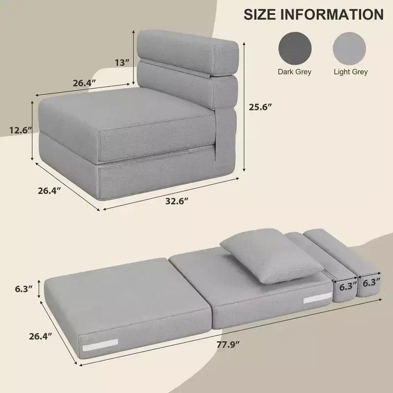Składany fotel-kanapa z poduszką  Rozkładany materac futon z pianki memory & zdejmowanym lnianym pokrowcem do salonu lub pokoju gościnnego