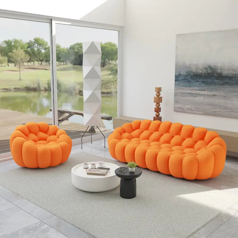 2 szt. sofa bąbelkowa 3D tapicerowana tkaniną o strukturze plastra miodu, 3-osobowa sofa bąbelkowa i sofa jednoosobowa do salonu