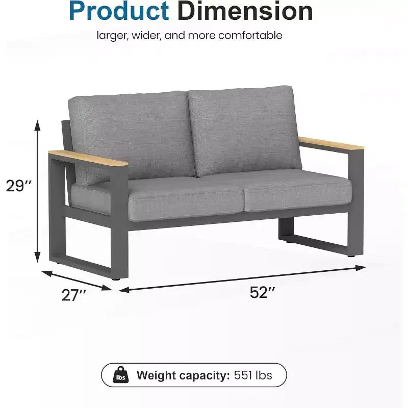 Dwuosobowa sofa ogrodowa Heynemo z aluminium, metalowa sofa tarasowa odporna na warunki atmosferyczne, fotel tarasowy na ganek, do ogrodu i podwórza