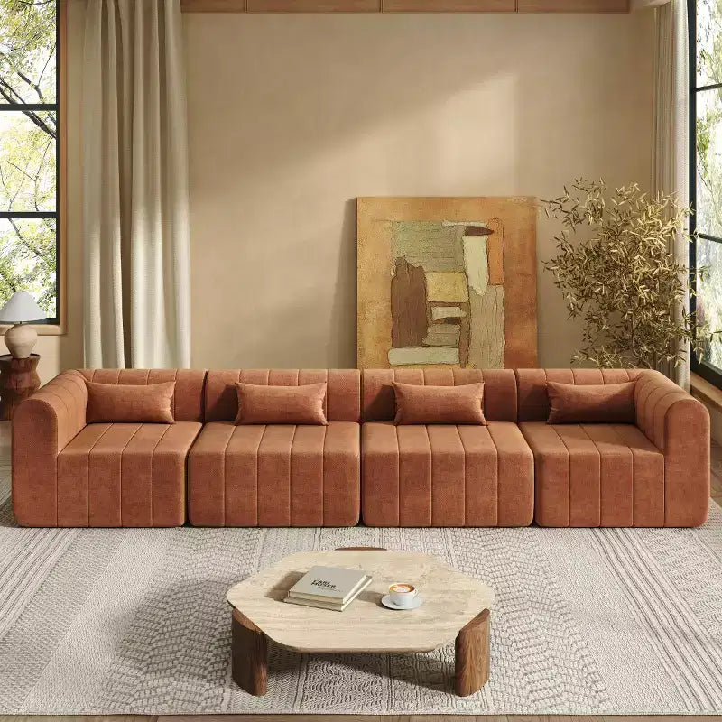 145.5 Nowoczesna narożna sofa modułowa, Tapicerowana 4-osobowa sofa modułowa ze spienionego poliuretanu, Salonowa sofa w kształcie litery L-Panipeachy
