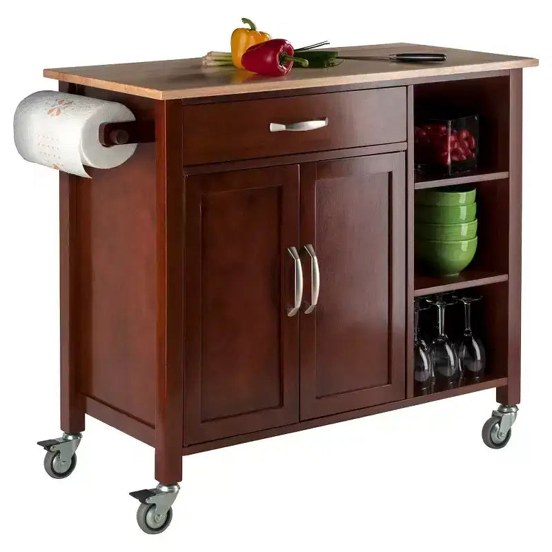 Wózek kuchenny Mabel Wood/Walnut/Natural - Winsome: Mobilny regał z uchwytem na ręczniki, rama z drewna twardego