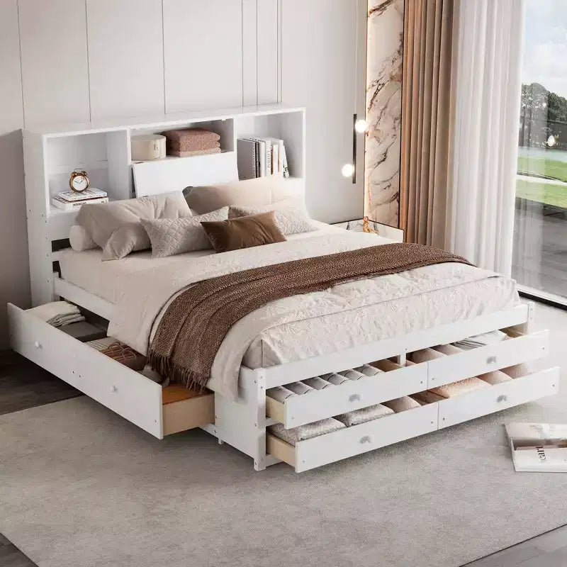 Łóżko platformowe Queen/King Size, rama z drewna sosnowego z zagłówkiem ze schowkiem i 8 szufladami