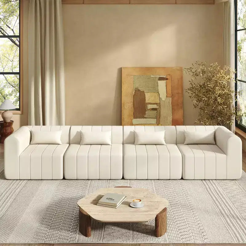 145.5 Nowoczesna narożna sofa modułowa, Tapicerowana 4-osobowa sofa modułowa ze spienionego poliuretanu, Salonowa sofa w kształcie litery L-Panipeachy