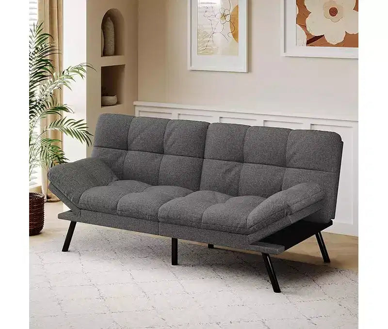 Rozkładana sofa typu futon z regulowanym oparciem i zdejmowanymi podłokietnikami