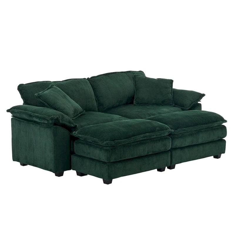 Nowoczesna 2-osobowa sofa sztruksowa z 4 poduszkami i 2 pufami