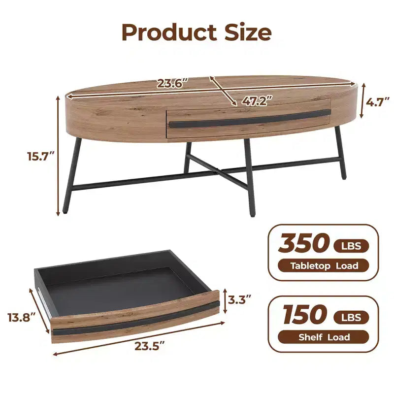 Owalny stolik kawowy z szufladą w stylu mid-century modern, drewniany stolik kawowy 47,2 z miejscem do przechowywania i metalowymi nogami w kształcie litery X, zaokrąglony design