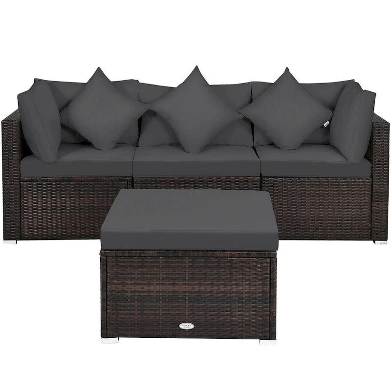 Zestaw 4-częściowy mebli tarasowych z rattanu z zdejmowanymi poduszkami i poduszkami ozdobnymi - narożnik: 29 x 29 x 25