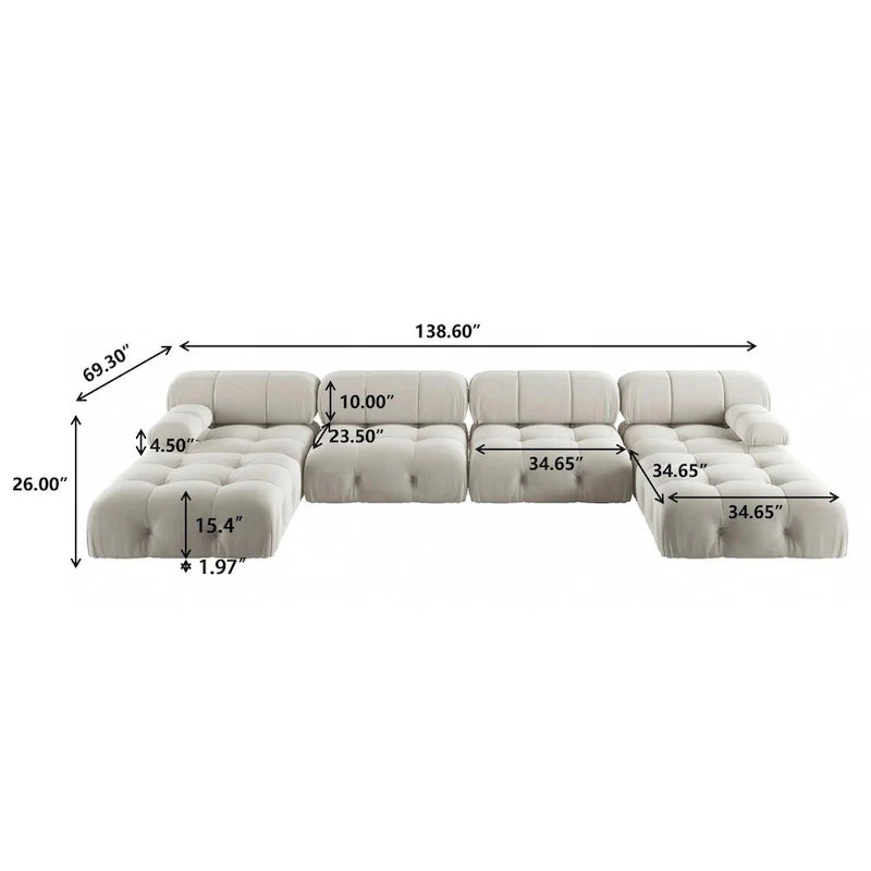 138 Modułowa sofa narożna z funkcją spania, minimalistyczna sofa w kształcie litery U wykonana z weluru