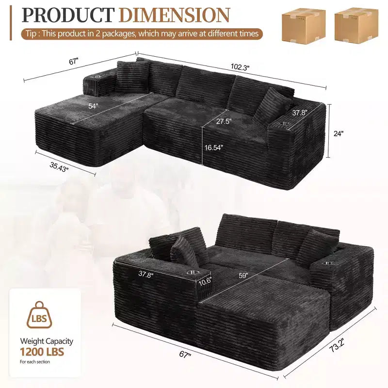 Modułowa sofa narożna Celebalcony 103 bez stelaża, narożnik w kształcie litery L z 2 uchwytami na kubki, miękka welurowa sofa niczym chmura do salonu, bez montażu