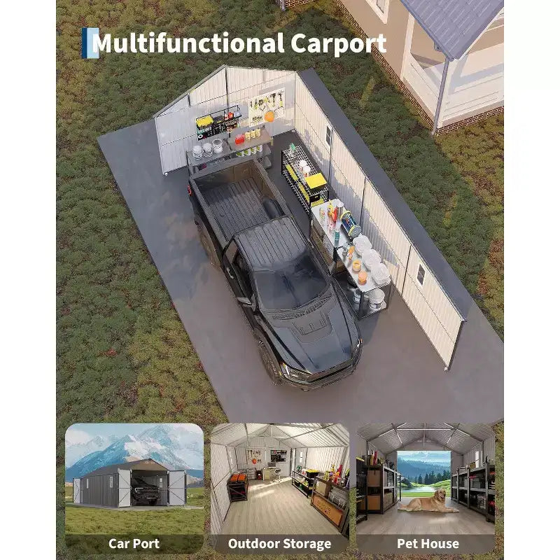 12x25FT W pełni zamknięty metalowy carport z pionowym zadaszeniem i stalową ramą
