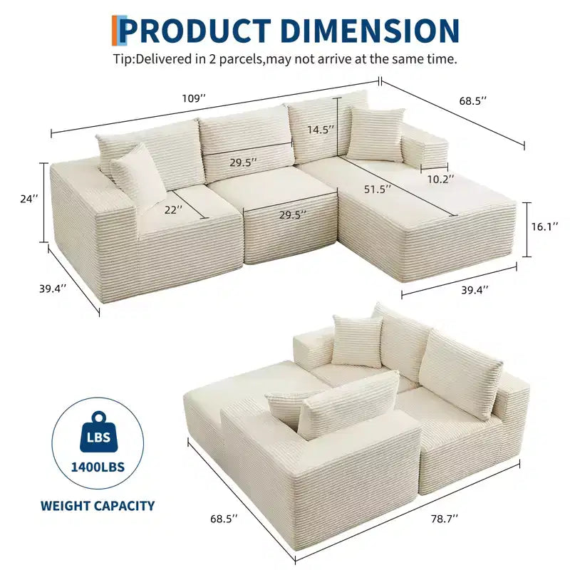 108 Nowoczesna sofa, 3-osobowa sofa tapicerowana w kształcie litery L z poduszkami, sofa z głębokim siedziskiem, bez konieczności montażu