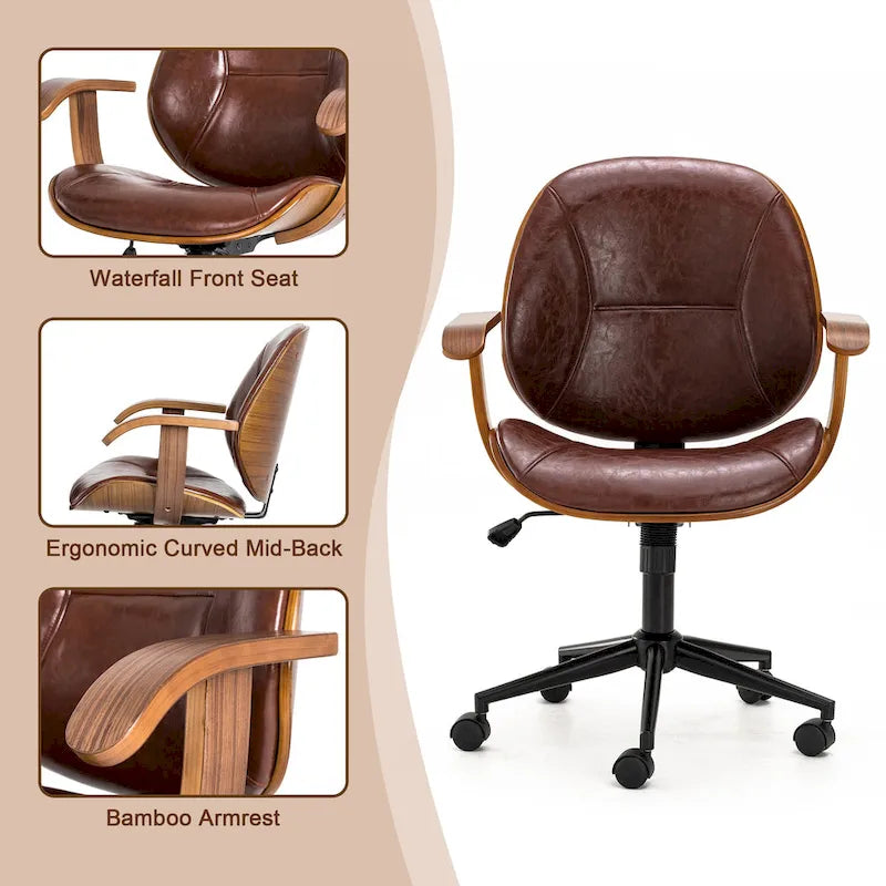 Glitzhome Skórzane Krzesło Biurowe Regulowane Obrotowe z Podłokietnikami Ergonomiczny Design