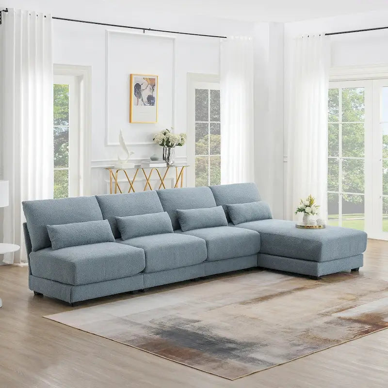 Duża narożna sofa z głębokim siedziskiem i odwracalną narożną sekcją, rozkładana sofa w kształcie litery L, niebieska
