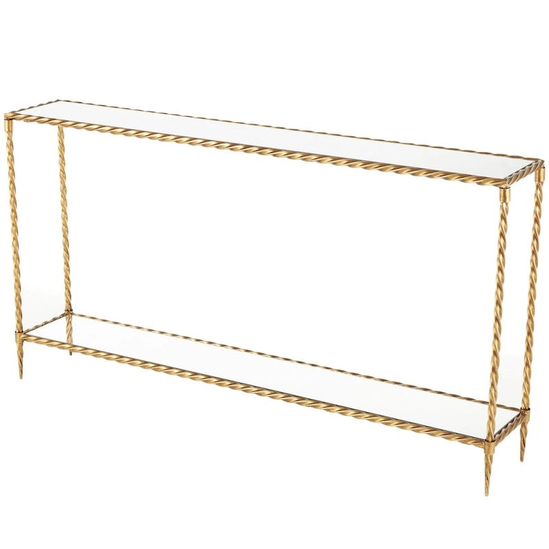 Konsola z jedną półką inspirowana metalową skręcaną liną z lustrzanym blatem i półką - Złota - Roche River Decor