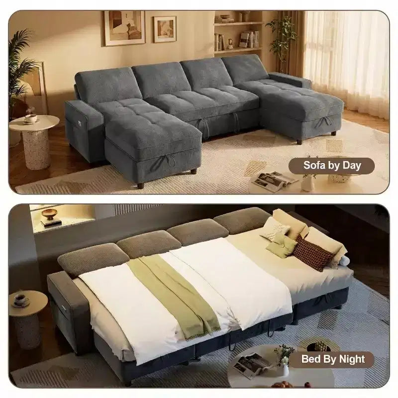 104 U-kształtna rozkładana sofa z funkcją spania i pojemnikiem na pościel