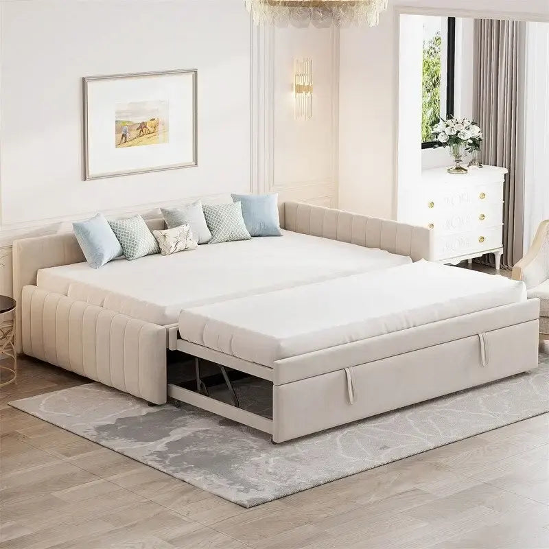 Tapicerowana sofa wypoczynkowa z wysuwanym łóżkiem wysuwającym się z poziomu podłogi o rozmiarze pojedynczego łóżka, rama sofy wypoczynkowej o rozmiarze podwójnego łóżka z oparciem w kształcie litery L i pasiastym wzorem