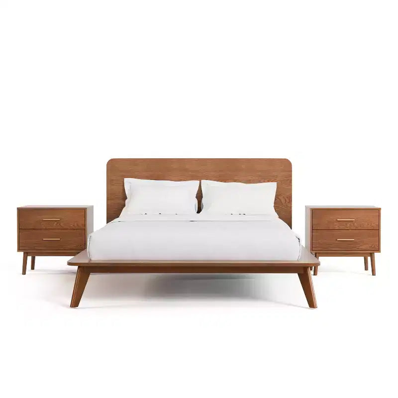 HOMES: Zestaw sypialniany Riverstone Mid-Century z platformą, 3 elementy, z 2 szafkami nocnymi, Orzech