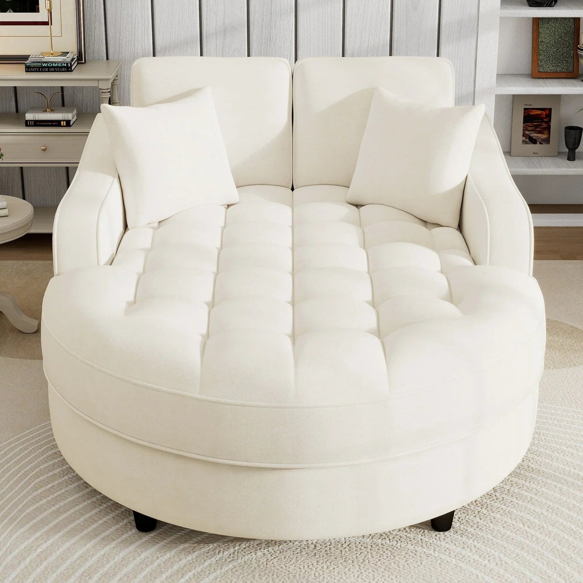 Sofa rozkładana typu chaise longue z chenille, tapicerowana sofa z pikowanym oparciem i 2 zdejmowanymi poduszkami do salonu
