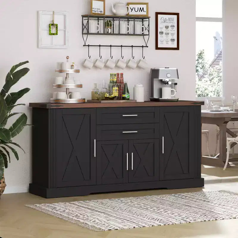 Zeus & Ruta 63 Szafka magazynowa w stylu rustykalnym z drzwiczkami typu barn door, 2 szufladami, regulowanymi półkami, bufetowa kawiarnia do kuchni, przedpokoju, jadalni