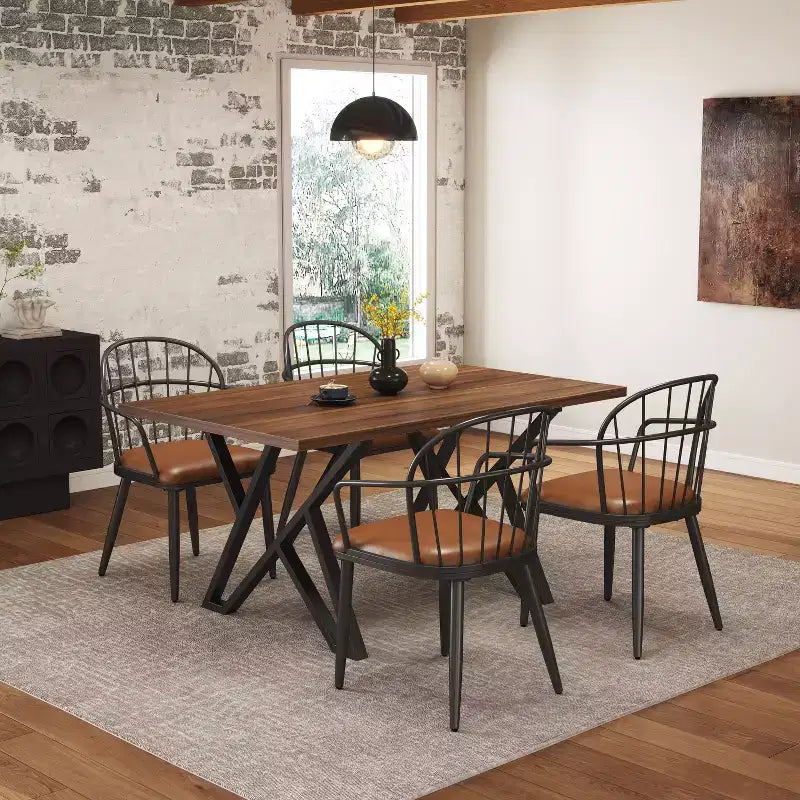 5-częściowy zestaw do jadalni z 4 krzesłami i okrągłym/kwadratowym stołem, czarny + naturalny/orzechowy – ModernLuxe