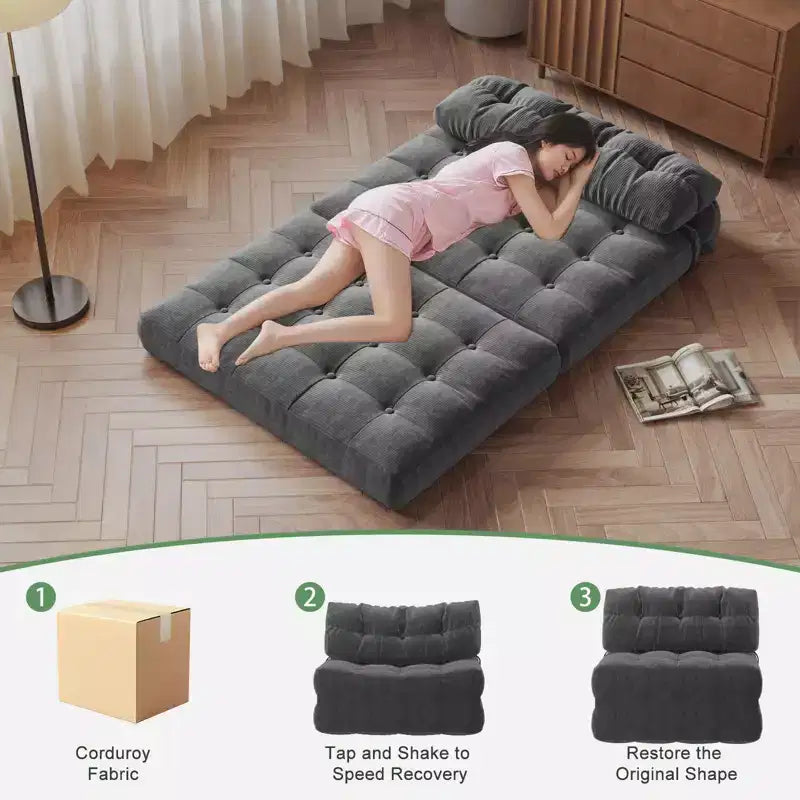 Rozkładana sofa futon z miękkiego sztruksu, składane łóżko podłogowe z poduszką i oparciem