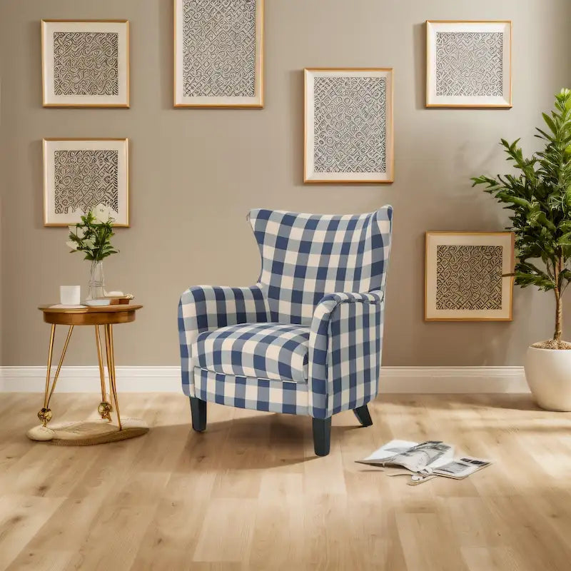 Nowoczesny fotel tapicerowany w stylu retro o wysokim oparciu 30.25 z drewnianymi nogami do salonu