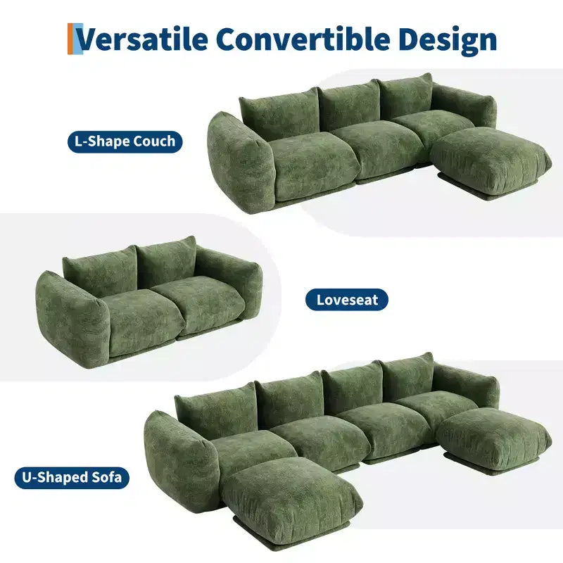 Bezkostna sofa dwuosobowa – nie wymaga montażu, puszysta sofa typu cloud z chenille’u o szerokości 75,2 cala i głębokości siedziska 23,2 cala do małych przestrzeni (zielona)