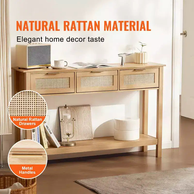 Konsola VEVOR z rattanu z 3 szufladami, rattanowy stolik do przedpokoju z przesuwnymi drzwiczkami z naturalnego rattanu, stolik konsolowy do salonu, naturalny